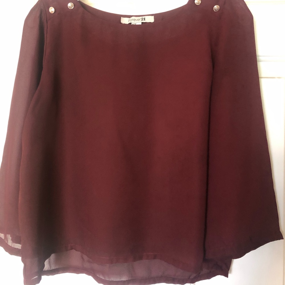 Forever 21 Chiffon 3/4 Sleeve Pullover Blouse Wine M